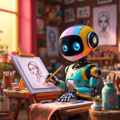 Primary subject: A robot with a pink face, sitting at a table and drawing a picture.

Setting/background: The robot is in a room with a table, a chair, and a potted plant. There are also several bottles scattered around the room.

Visual style: The image is a digital art or illustration, featuring a robot as the main subject.

Colors and mood: The colors in the image are predominantly pink and blue, giving the scene a warm and friendly atmosphere.